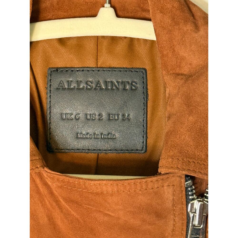 AllSaints Suede Moto Jacket Womens US 2 Brown Leather Zip Biker Coat - Picture 3 of 7